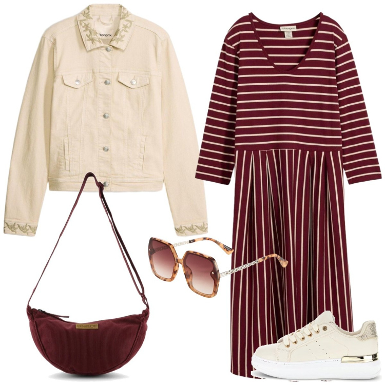 Outfit donna - Righe. Stile Basic per Tutti i giorni. Abbinamento con vestiti midi/longuette, cappotti, occhiali da sole, borse a tracolla, sneakers.
