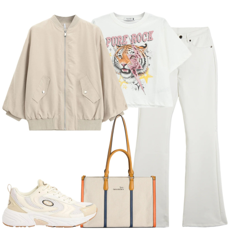 Outfit donna - City. Stile Casual chic per Tutti i giorni. Abbinamento con sneakers, borse tote, t-shirt, bomber, pantaloni.