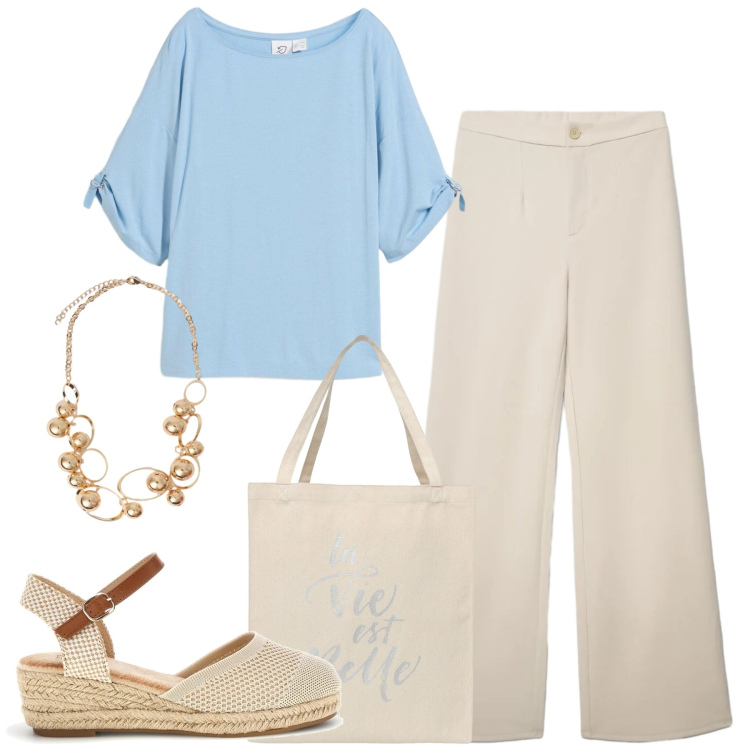 Outfit donna - Spring time. Stile Basic per Tutti i giorni. Abbinamento con t-shirt, pantaloni, borse tote, collane, zeppe.