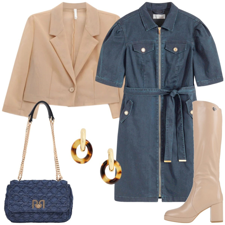 Outfit donna - In jeans. Stile Bon Ton per Tutti i giorni. Abbinamento con stivali, vestiti, blazer, borse a spalla, orecchini.