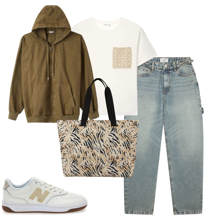 Outfit donna - City. Stile Casual per Tutti i giorni. Abbinamento con blazer, t-shirt, jeans, shopping bag, sneakers.