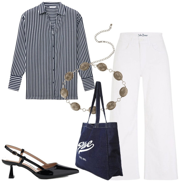 Outfit donna - City. Stile Casual chic per Tutti i giorni. Abbinamento con jeans, cinture, camicie, shopping bag, décolleté.
