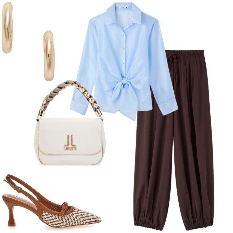 Outfit donna - La camicia elegante. Stile Casual chic per Tutti i giorni. Abbinamento con camicie, pantaloni, orecchini, décolleté, borse a tracolla.
