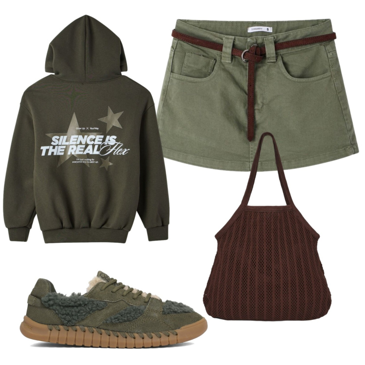 Outfit donna - Total look #2378014. Stile Casual per Tutti i giorni. Abbinamento con shopping bag, minigonne, felpe con cappuccio, sneakers.