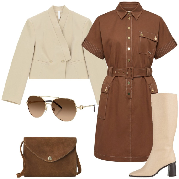 Outfit donna - In città. Stile Casual chic per Tutti i giorni. Abbinamento con stivali, blazer, vestiti chemisier, borse a tracolla, occhiali da sole.
