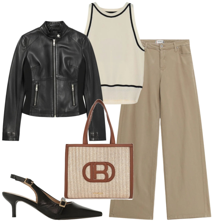 Outfit donna - Aprile. Stile Casual chic per Tutti i giorni. Abbinamento con pantaloni, top, sandali col tacco, giacche, borse a spalla.