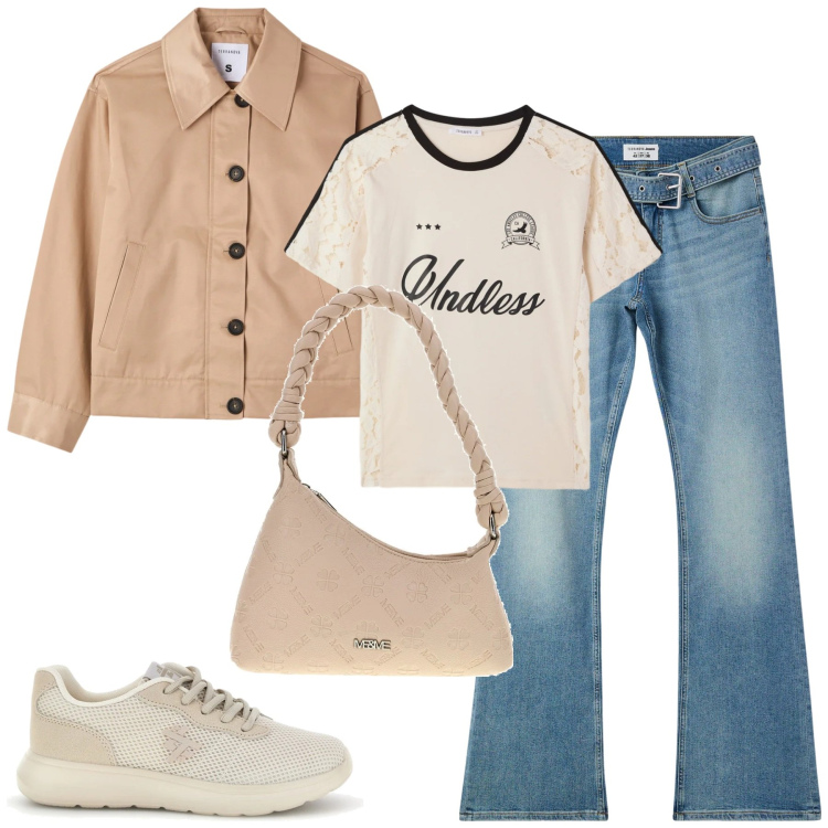Outfit donna - City. Stile Casual per Tutti i giorni. Abbinamento con jeans a zampa, t-shirt, cappotti, borse a spalla, sneakers.