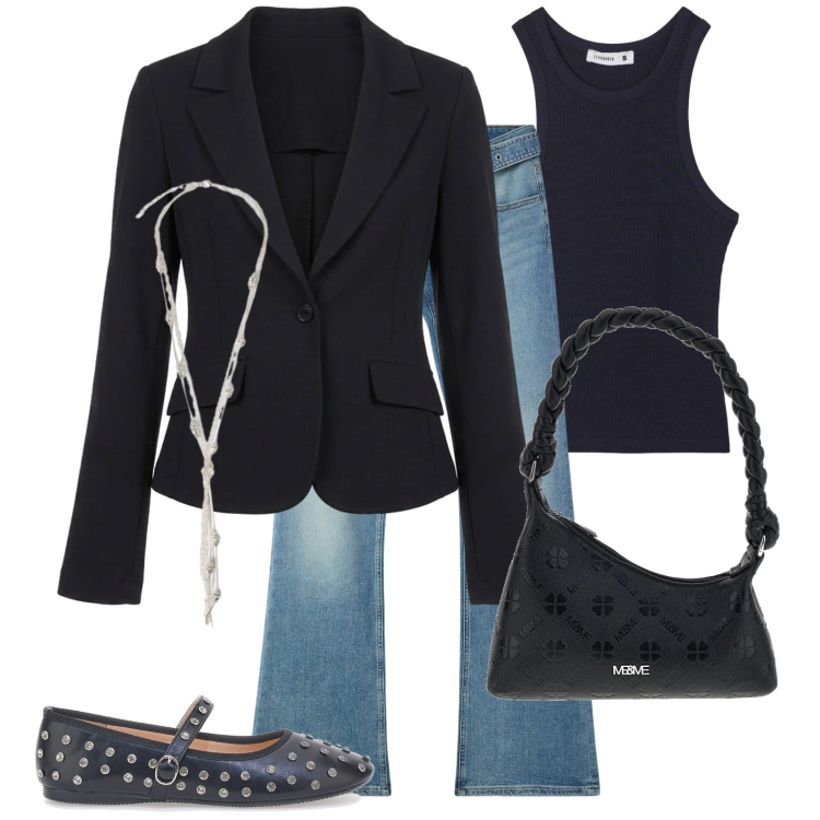 Outfit donna - Giacca nera. Stile Rock per Serata fuori. Abbinamento con collane, blazer, jeans a zampa, ballerine, borse a mano, canottiere.