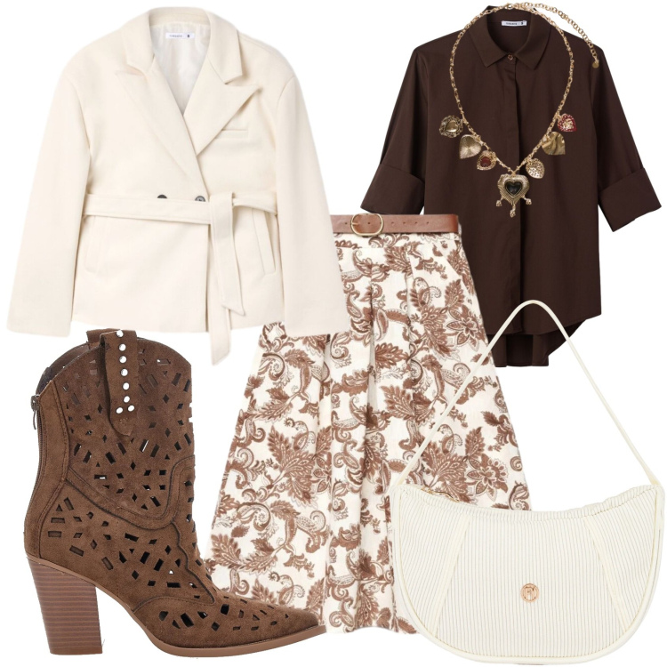 Outfit donna - Cresima di mio figlio. Stile Glamour per Cerimonia. Abbinamento con collane, borse a mano, gonne lunghe, stivaletti texani, camicie, blazer.