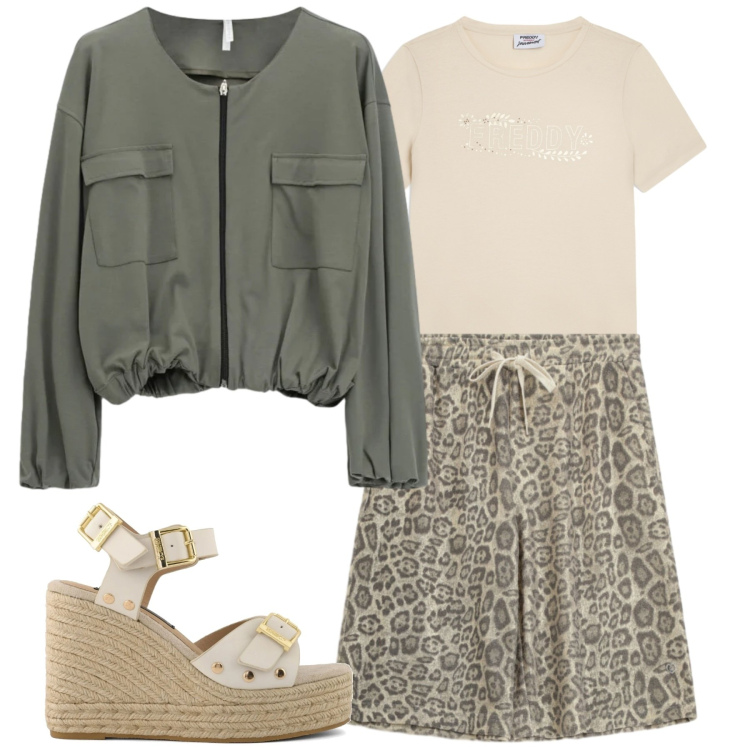Outfit donna - City. Stile Casual per Tutti i giorni. Abbinamento con bomber, bermuda, t-shirt, zeppe.