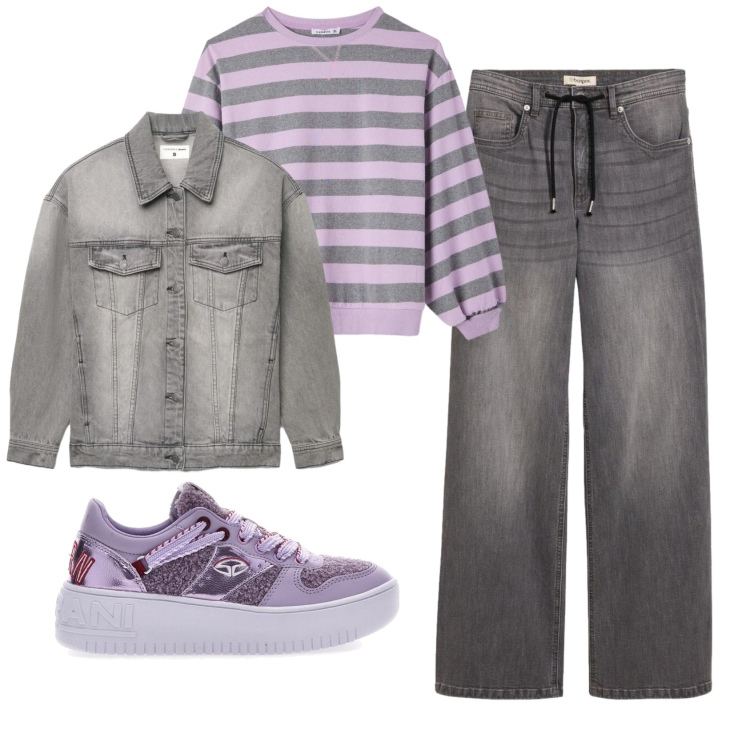 Outfit donna - Total look #2378042. Stile Casual per Scuola/Università. Abbinamento con jeans dritti, cappotti, t-shirt, sneakers.