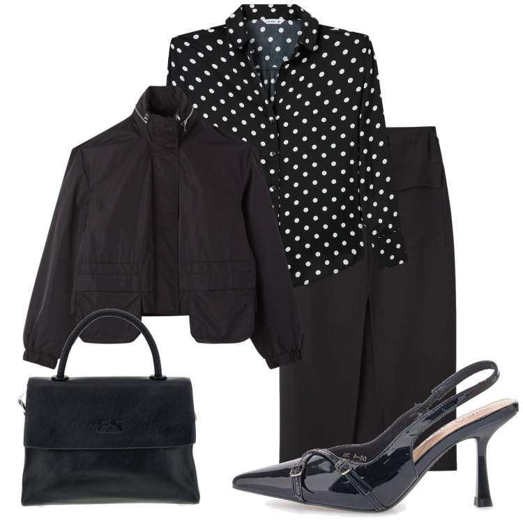 Outfit donna - Camicia a pois. Stile Bon Ton per Ufficio. Abbinamento con camicie, bomber, gonne longuette, borse a tracolla, décolleté.