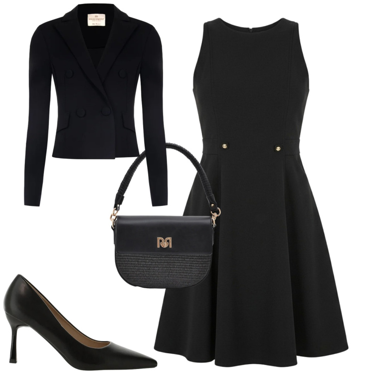Outfit donna - Non ton in nero. Stile Bon Ton per Tutti i giorni. Abbinamento con décolleté, vestiti corti, blazer, borse a spalla.