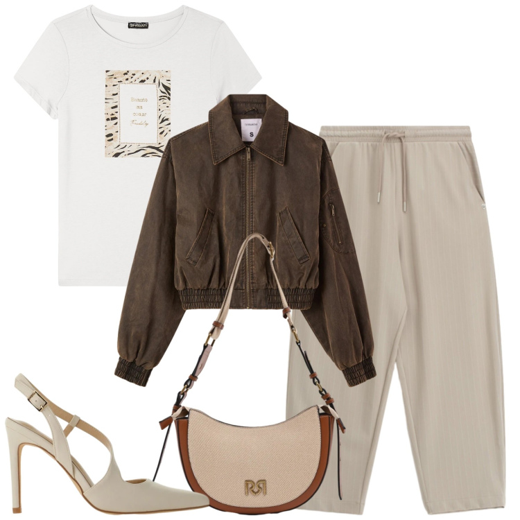 Outfit donna - City. Stile Casual chic per Tutti i giorni. Abbinamento con bomber, pantaloni, décolleté, borse a tracolla, t-shirt.