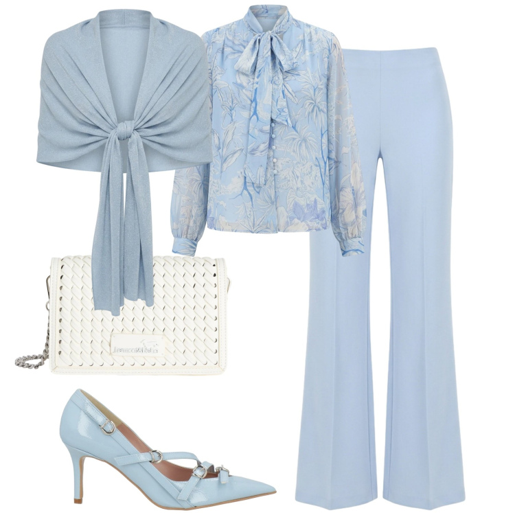 Outfit donna - Serata. Stile Chic per Serata fuori. Abbinamento con décolleté, stole, bluse, pantaloni a palazzo, borse a tracolla.