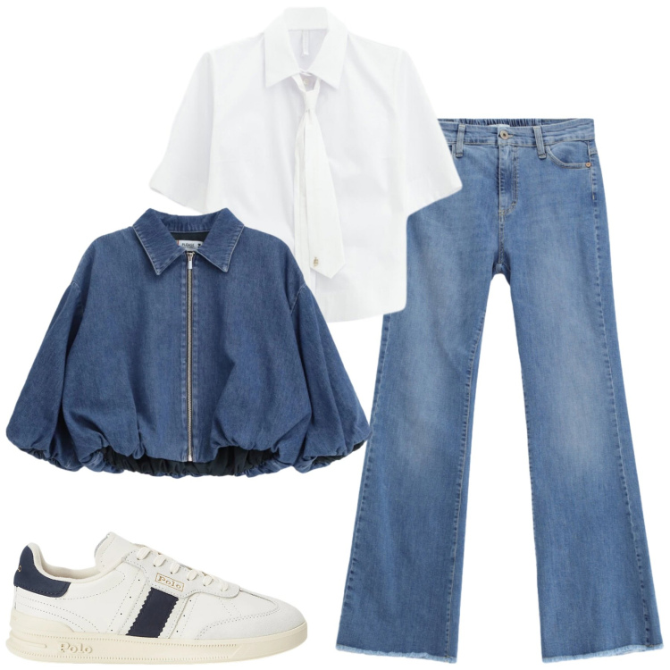 Outfit donna - Aprile. Stile Casual per Tutti i giorni. Abbinamento con blazer, jeans, camicie a manica corta, sneakers.