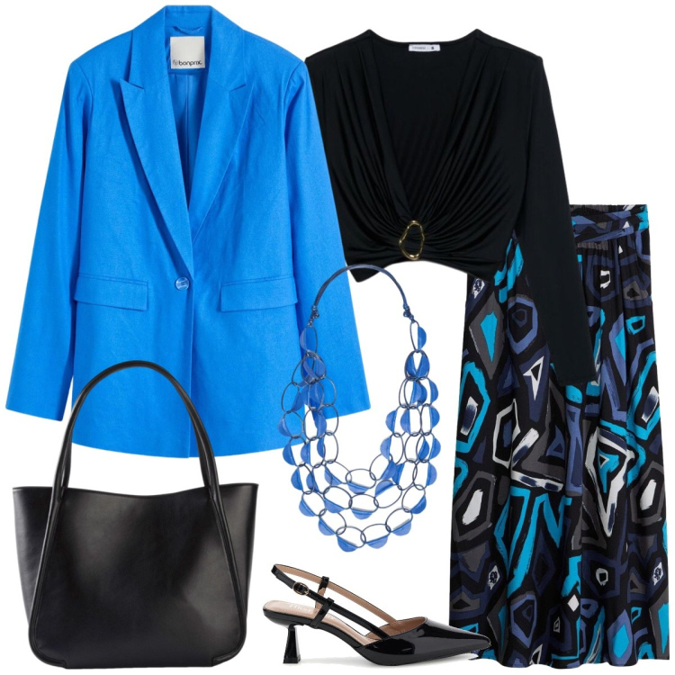 Outfit donna - Pomeriggio in città. Stile Chic per Tutti i giorni. Abbinamento con shopping bag, blazer, gonne lunghe, collane, décolleté, t-shirt.