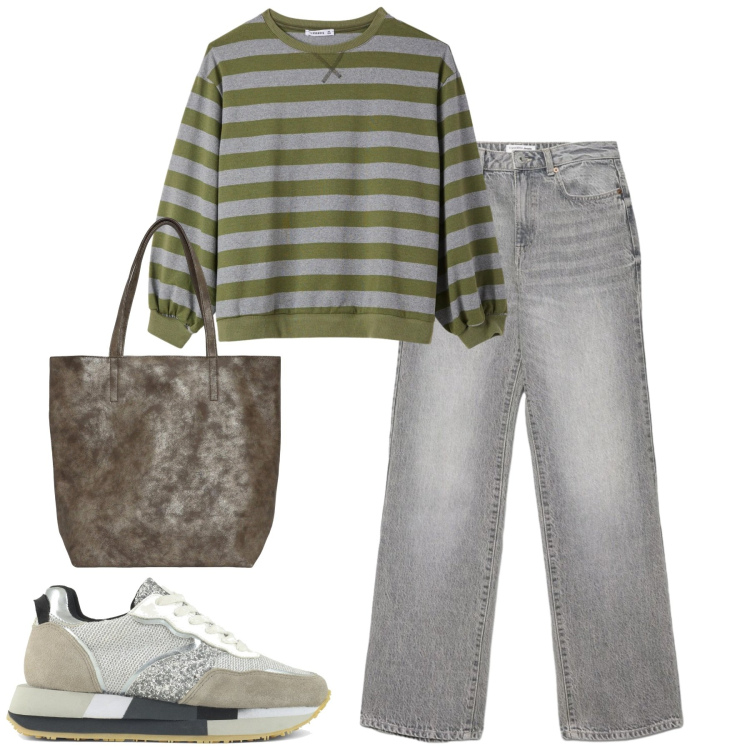 Outfit donna - Aprile. Stile Casual per Tutti i giorni. Abbinamento con t-shirt, shopping bag, jeans dritti, sneakers.
