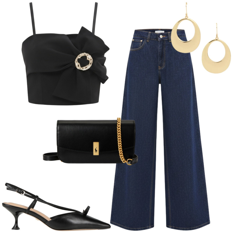 Outfit donna - Aperitivo. Stile Trendy per Serata fuori. Abbinamento con décolleté, top, jeans, clutch, orecchini.