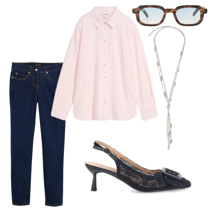 Outfit donna - Aprile rosa. Stile Casual chic per Ufficio. look ideale per Petite. Abbinamento con jeans slim fit, camicie, collane, occhiali da sole, scarpe col tacco.