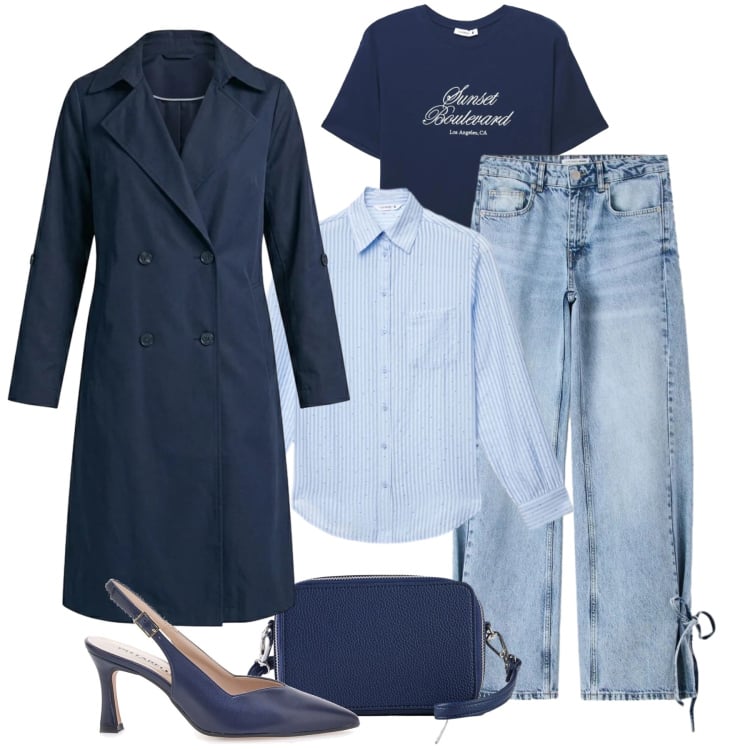 Outfit donna - Trench blu evergreen. Stile Urban per Tutti i giorni. Abbinamento con borse a tracolla, trench, camicie, jeans, t-shirt, décolleté.