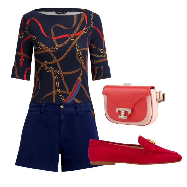 Outfit donna - Primavera aprile. Stile Preppy per Scuola/Università. Abbinamento con marsupi, shorts, t-shirt, mocassini.