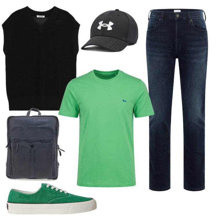 Outfit uomo - #anima.green. Stile Trendy per Tutti i giorni. Abbinamento con jeans slim fit, maglieria, t-shirt, sneakers, cappelli, borse sportive.