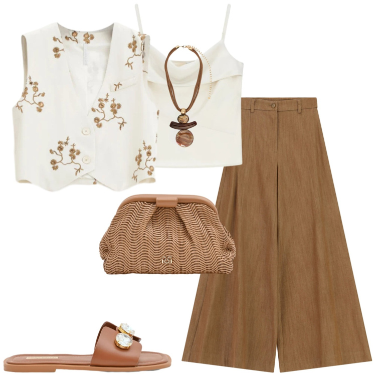 Outfit donna - City. Stile Casual chic per Tutti i giorni. Abbinamento con ciondoli, gilet, pantaloni a palazzo, canottiere, pochette, sandali gioiello.