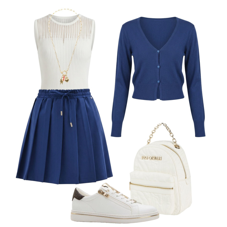 Outfit donna - Mini e sneakers in città. Stile Trendy per Tutti i giorni. Abbinamento con zaini, sneakers, cardigans, minigonne, canottiere, ciondoli.