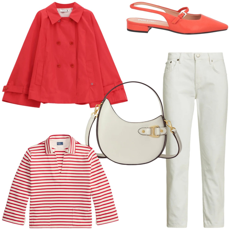 Outfit donna - Una carica di energia con il rosso. Stile Casual chic per Tutti i giorni. Abbinamento con ballerine, giacche, borse a tracolla, t-shirt, jeans.