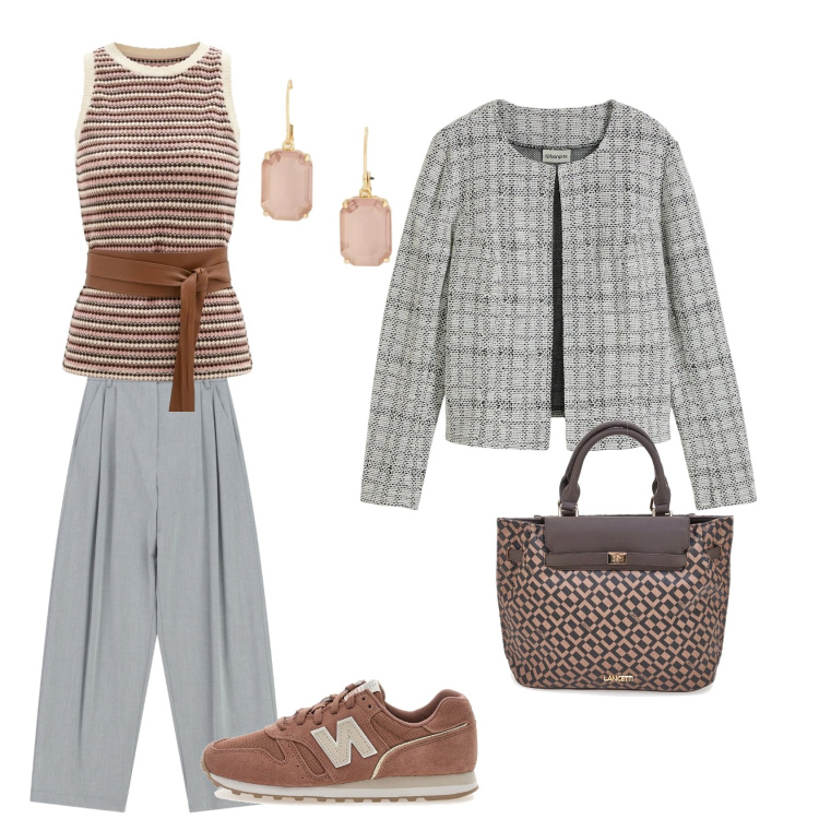 Outfit donna - Fumo di Londra. Stile Casual chic per Tutti i giorni. Abbinamento con cardigans, pantaloni a palazzo, canottiere, orecchini, sneakers, borse a mano.