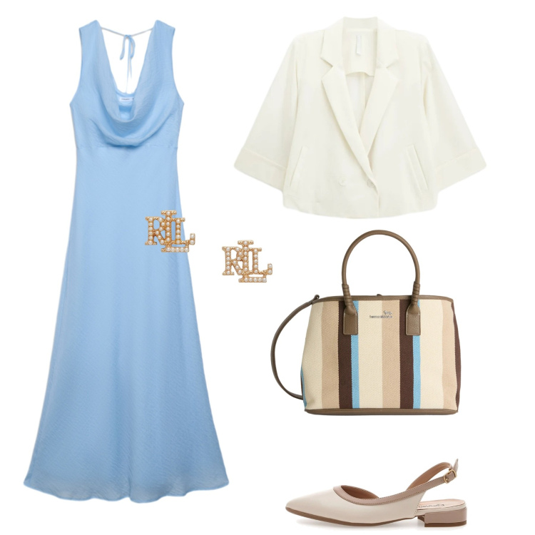 Outfit donna - Azzurro Aprile. Stile Casual per Tutti i giorni. Abbinamento con vestiti lunghi, blazer, shopping bag, orecchini, ballerine.