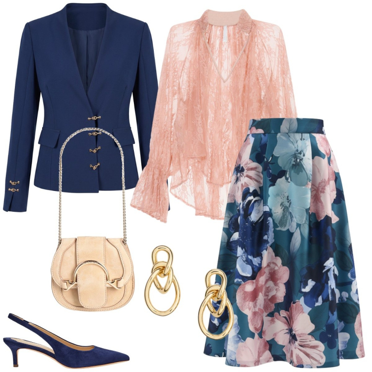 Outfit donna - Pranzo formale. Stile Chic per Tutti i giorni. Abbinamento con marsupi, bluse, gonne longuette, blazer, décolleté, orecchini.