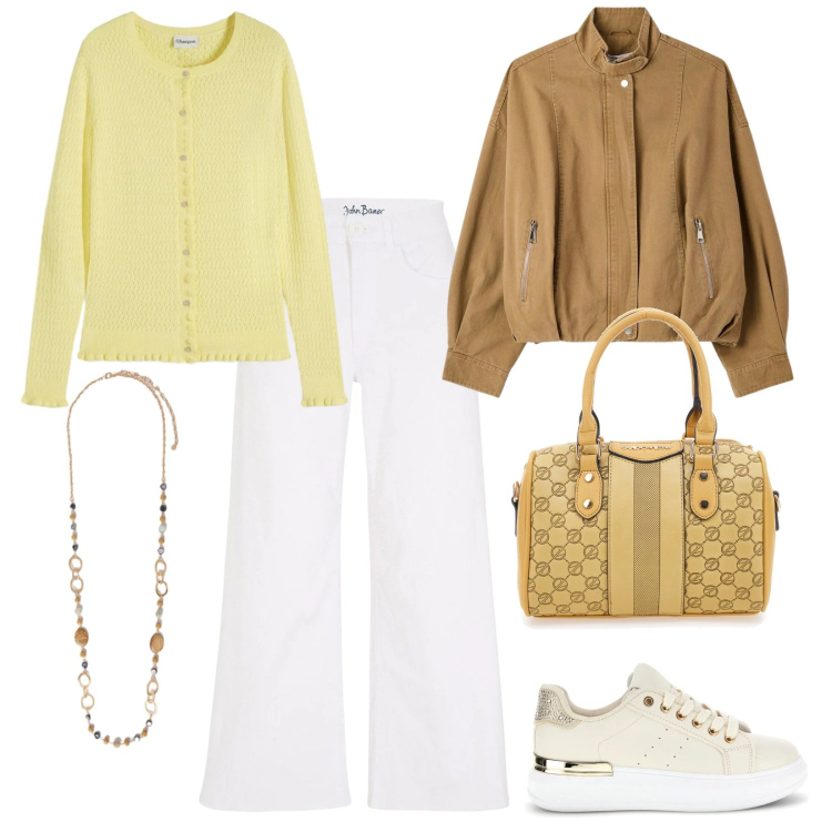 Outfit donna - Lemon spring. Stile Casual per Tutti i giorni. Abbinamento con jeans, cardigans, bomber, collane, sneakers, borse a spalla.