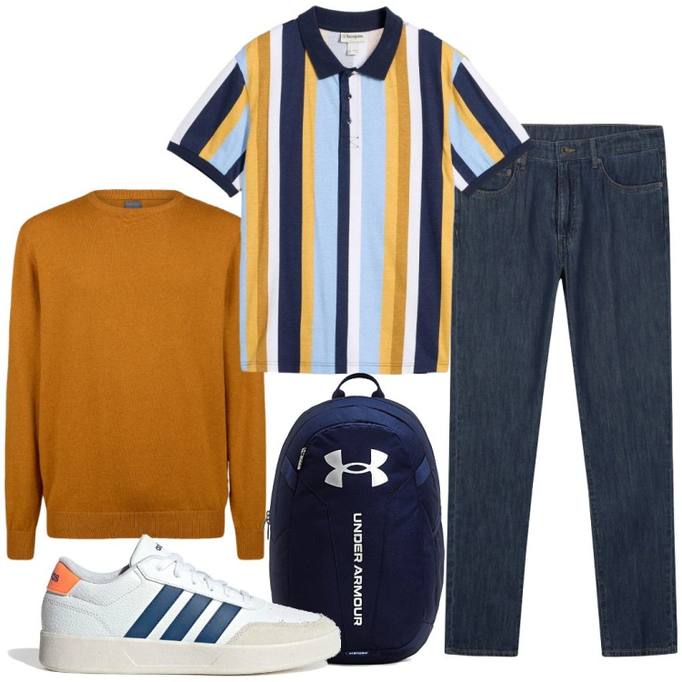 Outfit uomo - @tante.righe. Stile Urban per Tutti i giorni. Abbinamento con polo, maglieria, borse sportive, jeans, sneakers.