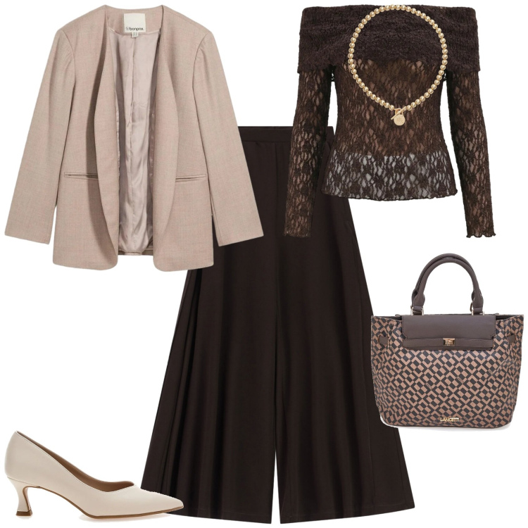 Outfit donna - Chic serata evento cerimonia. Stile Chic per Serata fuori. Abbinamento con blazer, pantaloni a palazzo, bluse, collane, borse a mano, décolleté.