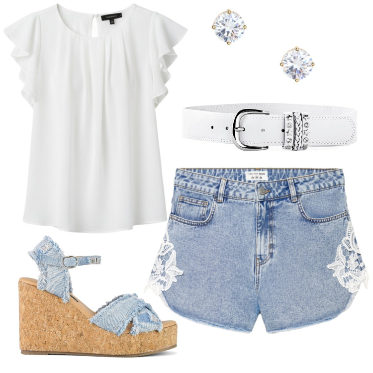 Outfit donna - Total look #2378101. Stile Romantica per Mare. Abbinamento con cinture, shorts, top, orecchini, zeppe.