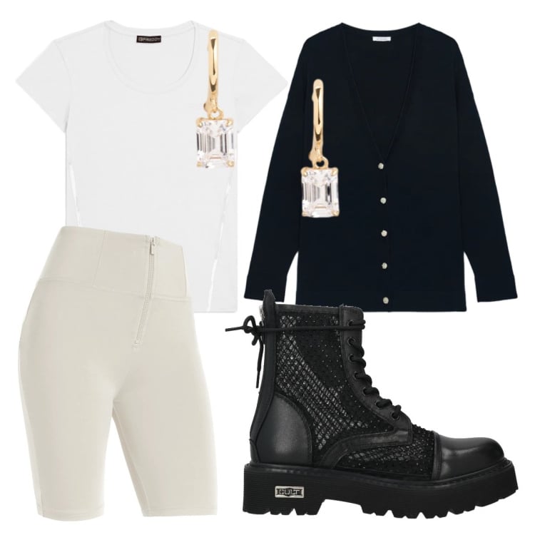 Outfit donna - B &W rock chic. Stile Rock per Tutti i giorni. Abbinamento con anfibi, cardigans, pantaloni skinny, t-shirt, orecchini.