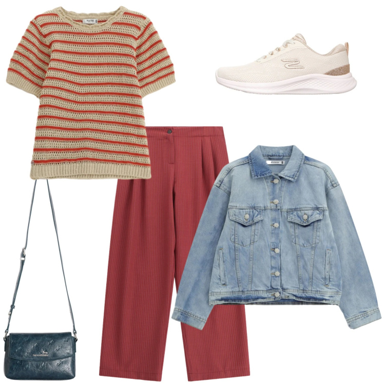 Outfit donna - Pomeriggi di Aprile. Stile Sporty chic per Tutti i giorni. Abbinamento con borse a tracolla, pantaloni a palazzo, blazer, t-shirt, sneakers.
