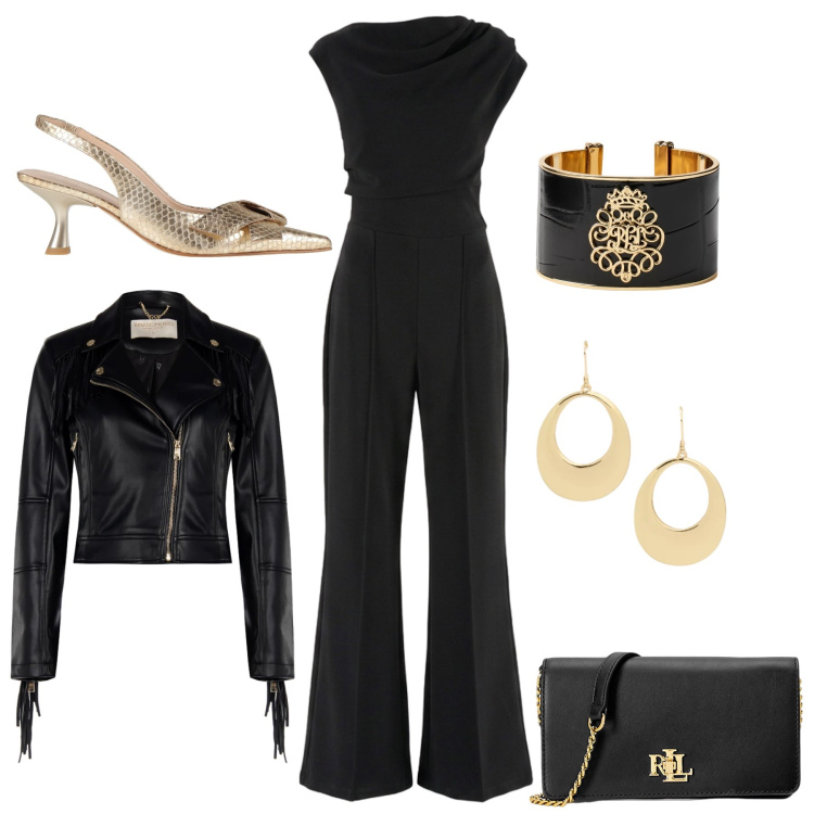 Outfit donna - Eleganza nero e oro. Stile Chic per Serata fuori. Abbinamento con décolleté, tute, giacche, borse a mano, braccialetti, orecchini.