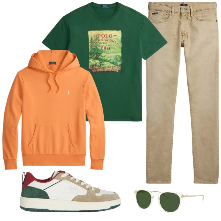 Outfit uomo - #verdone. Stile Urban per Tutti i giorni. Abbinamento con sneakers, jeans, felpe con cappuccio, t-shirt, occhiali da sole.