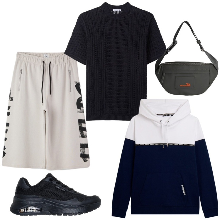 Outfit uomo - @black&white. Stile Urban per Tutti i giorni. Abbinamento con bermuda, t-shirt, borse sportive, felpe con cappuccio, sneakers.