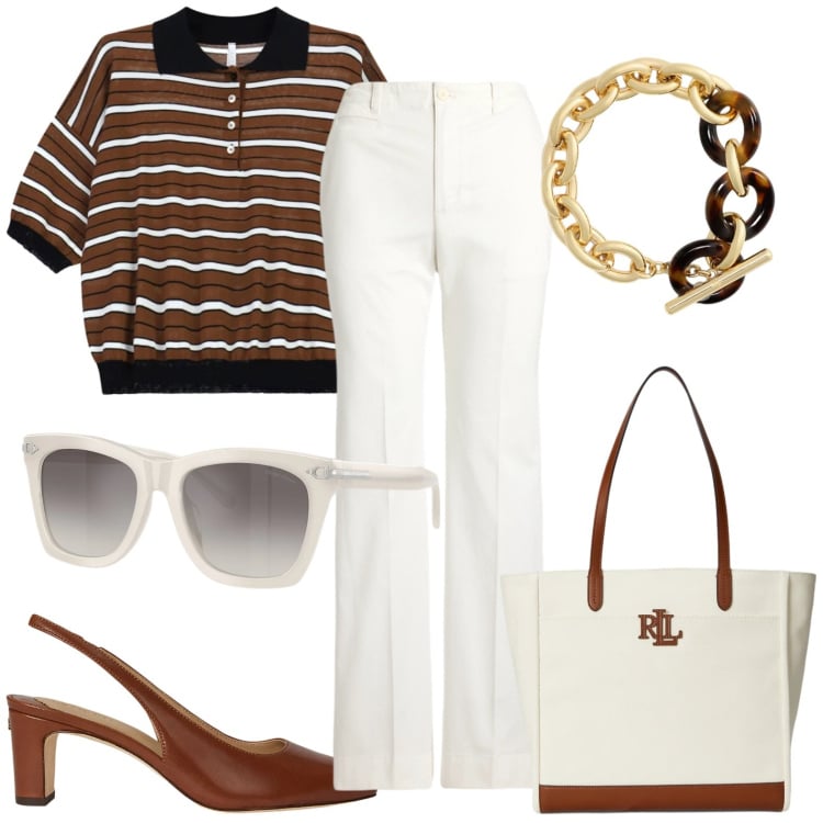 Outfit donna - Cioccolato...... e Bianco. Stile Casual chic per Tutti i giorni. Abbinamento con polo, décolleté, pantaloni, occhiali da sole, braccialetti, borse tote.