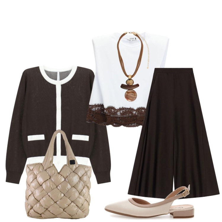Outfit donna - Top bianco con pizzo marrone. Stile Chic per Tutti i giorni. Abbinamento con ciondoli, top, cardigans, pantaloni a palazzo, borse tote, ballerine.