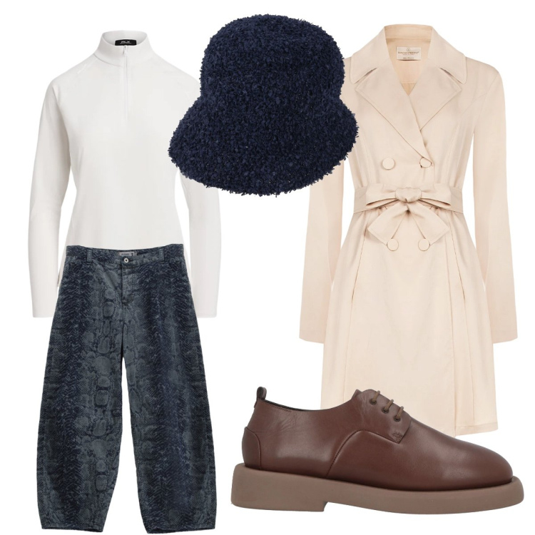 Outfit donna - Perfetta da mattina a sera. Stile Urban per Ufficio. Abbinamento con cappelli, scarpe stringate, trench, jeans, pullovers.