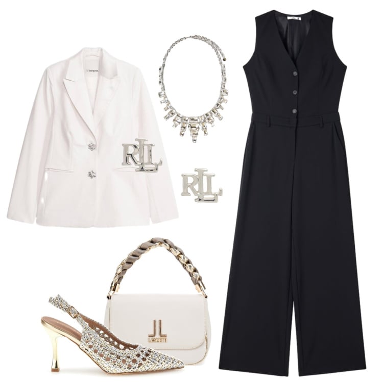 Outfit donna - Serata glam in primavera. Stile Glamour per Serata fuori. Abbinamento con blazer, tute, collane, orecchini, décolleté, borse a tracolla.