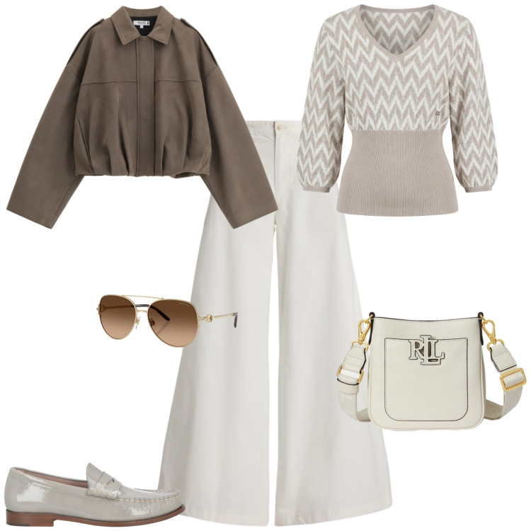 Outfit donna - Casual chic ufficio tempo libero. Stile Casual chic per Tutti i giorni. Abbinamento con mocassini, bomber, maglieria, occhiali da sole, borse a tracolla, pantaloni.