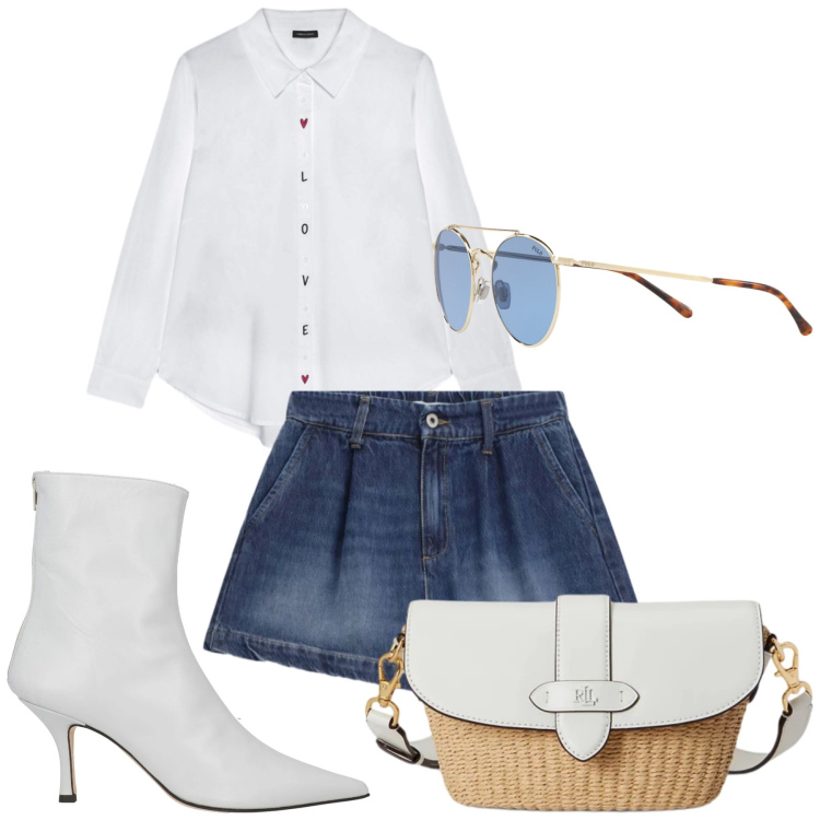 Outfit donna - Shorts ad aprile. Stile Trendy per Tutti i giorni. Abbinamento con stivaletti, shorts, camicie, borse a spalla, occhiali da sole.