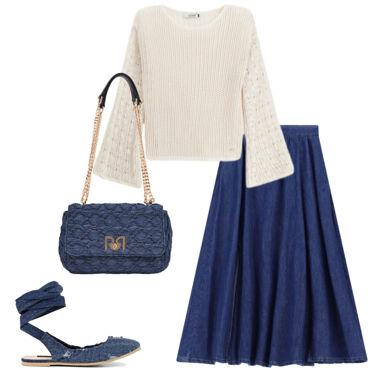 Outfit donna - Caffè con le amiche. Stile Casual chic per Tutti i giorni. Abbinamento con maglieria, gonne lunghe, borse a spalla, ballerine.