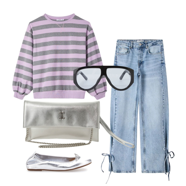 Outfit donna - Aprile. Stile Casual per Tutti i giorni. Abbinamento con t-shirt, jeans, borse a tracolla, occhiali da sole, ballerine.
